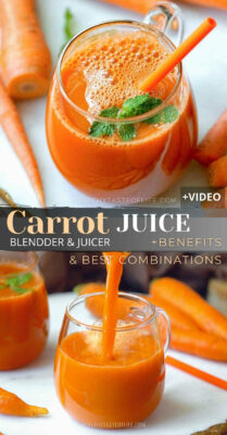 Make this fresh carrot juice recipe in a blender or if you have a juicer, pass the ingredients through your juicer and enjoy all the carrot juice benefits whenever you need an immune boost. Make a plain simple carrot juice or blend other vegetables and fruits for nutrient diversifications or taste enhancement (great for kids too). Learn the long term benefits of a fresh homemade carrot juice. #carrotjuice #carrotjuicerecipe #juicing #blender #juicer #kids #video