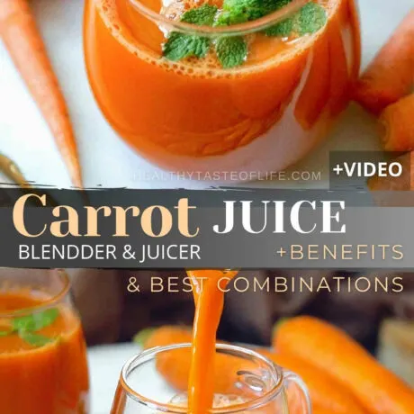 Make this fresh carrot juice recipe in a blender or if you have a juicer, pass the ingredients through your juicer and enjoy all the carrot juice benefits whenever you need an immune boost. Make a plain simple carrot juice or blend other vegetables and fruits for nutrient diversifications or taste enhancement (great for kids too). Learn the long term benefits of a fresh homemade carrot juice. #carrotjuice #carrotjuicerecipe #juicing #blender #juicer #kids #video