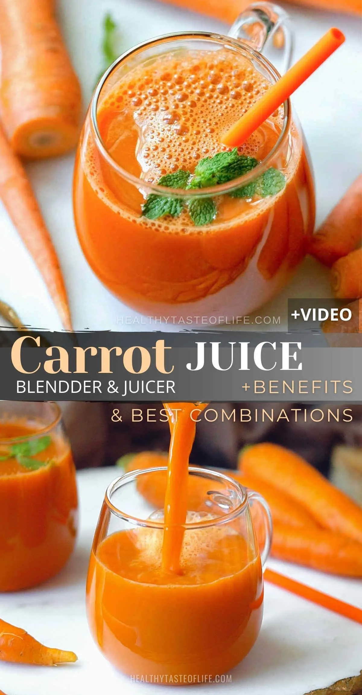 Make this fresh carrot juice recipe in a blender or if you have a juicer, pass the ingredients through your juicer and enjoy all the carrot juice benefits whenever you need an immune boost. Make a plain simple carrot juice or blend other vegetables and fruits for nutrient diversifications or taste enhancement (great for kids too). Learn the long term  benefits of a fresh homemade carrot juice. #carrotjuice #carrotjuicerecipe #juicing #blender #juicer #kids #video
