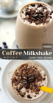 This coffee milkshake recipe enriched with espresso and chocolate hints has a nice and thick milkshake consistency due to the perfect ratio of liquid to ice cream. Not vegan? Just swap the ice cream. To whip up this vegan coffee milkshake recipe you need about 10 min and a blender. This rich espresso milkshake is for true coffee lovers, it will burst with coffee mocha flavor! #coffeemilkshake #veganmilkshake #chocolatemilkshake #espressomilkshake #dairyfree #milkshake #drink #dessert