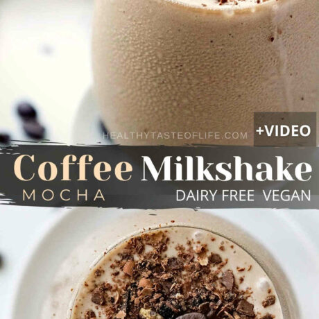 This coffee milkshake recipe enriched with espresso and chocolate hints has a nice and thick milkshake consistency due to the perfect ratio of liquid to ice cream. Not vegan? Just swap the ice cream. To whip up this vegan coffee milkshake recipe you need about 10 min and a blender. This rich espresso milkshake is for true coffee lovers, it will burst with coffee mocha flavor! #coffeemilkshake #veganmilkshake #chocolatemilkshake #espressomilkshake #dairyfree #milkshake #drink #dessert