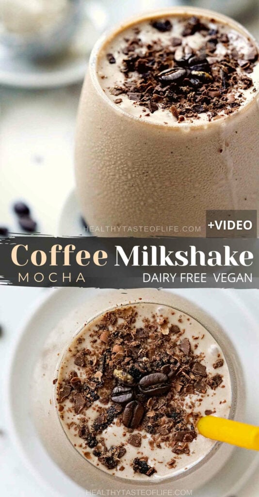 This coffee milkshake recipe enriched with espresso and chocolate hints has a nice and thick milkshake consistency due to the perfect ratio of liquid to ice cream. Not vegan? Just swap the ice cream. To whip up this vegan coffee milkshake recipe you need about 10 min and a blender. This rich espresso milkshake is for true coffee lovers, it will burst with coffee mocha flavor! #coffeemilkshake #veganmilkshake #chocolatemilkshake #espressomilkshake #dairyfree #milkshake #drink #dessert