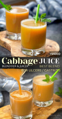 The best cabbage juice mix recipe for healing ulcers, gastritis, ulcerative colitis and other digestive issues. Juicing cabbage 2 different ways: in a blender (without a juicer) or a juicer. Each ingredients in this cabbage juice blend has powerful health benefits and makes a huge difference when it comes to gut healing. #cabbagejuice #juicingcabbage #naturalremedies #ulcer #juicing