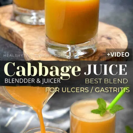 The best cabbage juice mix recipe for healing ulcers, gastritis, ulcerative colitis and other digestive issues. Juicing cabbage 2 different ways: in a blender (without a juicer) or a juicer. Each ingredients in this cabbage juice blend has powerful health benefits and makes a huge difference when it comes to gut healing. #cabbagejuice #juicingcabbage #naturalremedies #ulcer #juicing