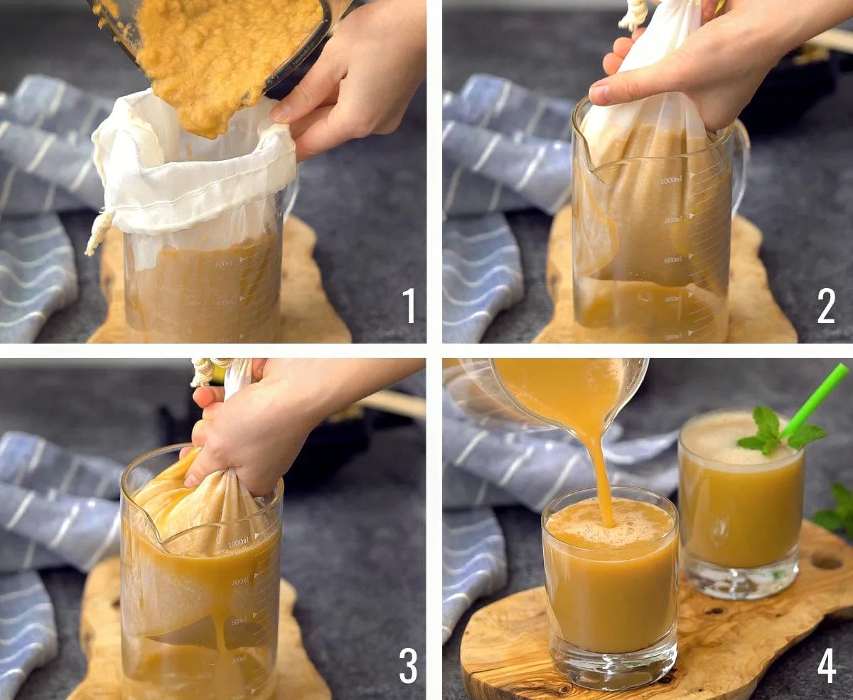Process shots showing the process of making cabbage juice in a blender: squeezing cabbage juice through a mesh bag and pouring into glasses, garnished with mint.
