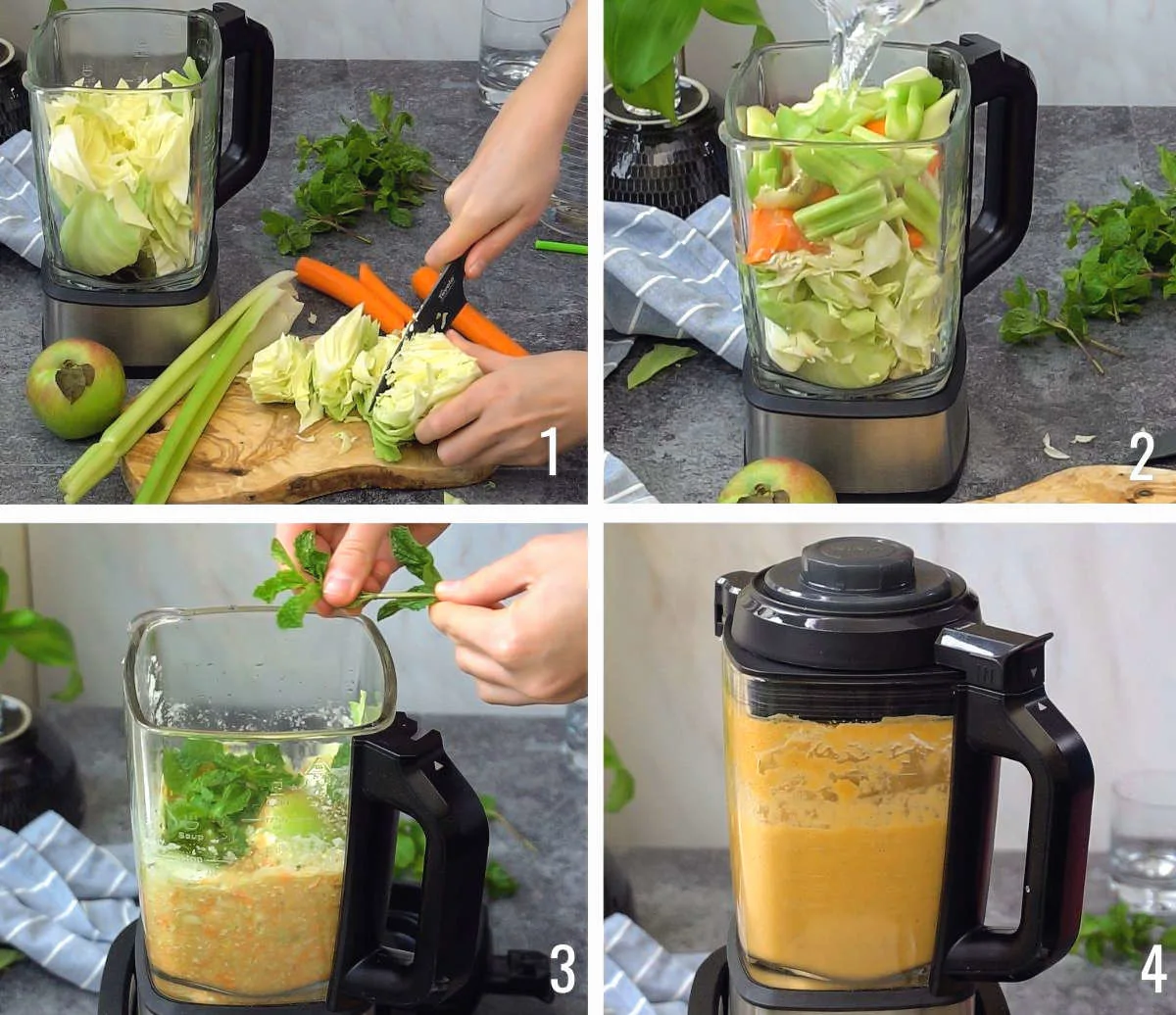 Step by step process shots on how to make cabbage juice with blender and without a juicer.