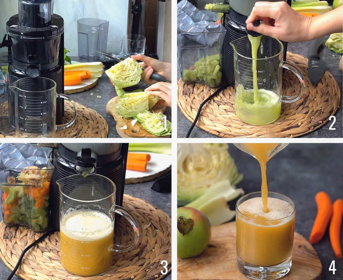 Process shots showing how to make cabbage juice with a juicer - step by step photo collage.