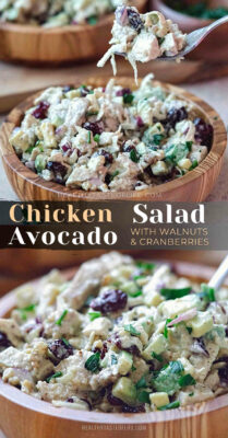 Healthy chicken salad with avocado cranberry and walnut recipe. This avocado chicken salad uses simple ingredients like cooked chicken breast, avocado, cranberries, walnuts and celery root tossed with creamy mayonnaise or you can opt for an avocado dressing for mayo free version. An easy chicken salad with avocado that can be made in advance and serves as side dish, lunch, dinner, holiday gatherings and putlocks. #chickensaladwithavocado #chickensalad #avocadosalad #chickenavocadosalad #healthy