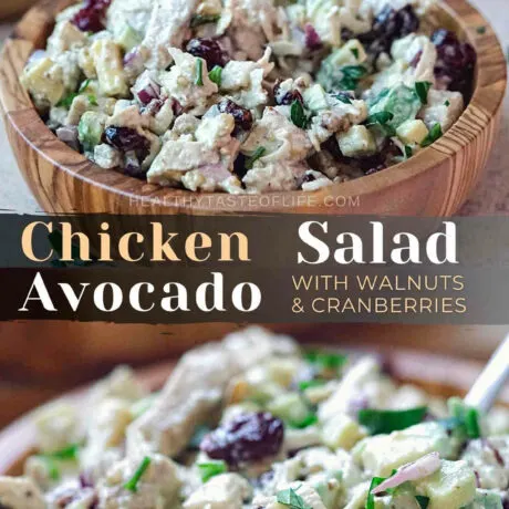 Healthy cranberry chicken walnut salad with avocado and celery root recipe. This easy chicken salad uses simple ingredients like cooked chicken breast, avocado, cranberries, walnuts (or pecans) and celery root tossed with creamy mayonnaise or avocado dressing. An easy cranberry walnut chicken salad with avocado that can be made in advance and serves as side dish, lunch, dinner, holiday gatherings and putlocks. #chickensalad #cranberry #walnut #healthy #celery #avocado #pecan #saladrecipe