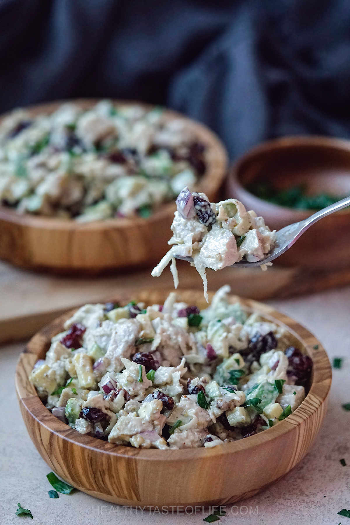 Healthy chicken salad with cranberries walnuts celery onion  avocado and mayo.
