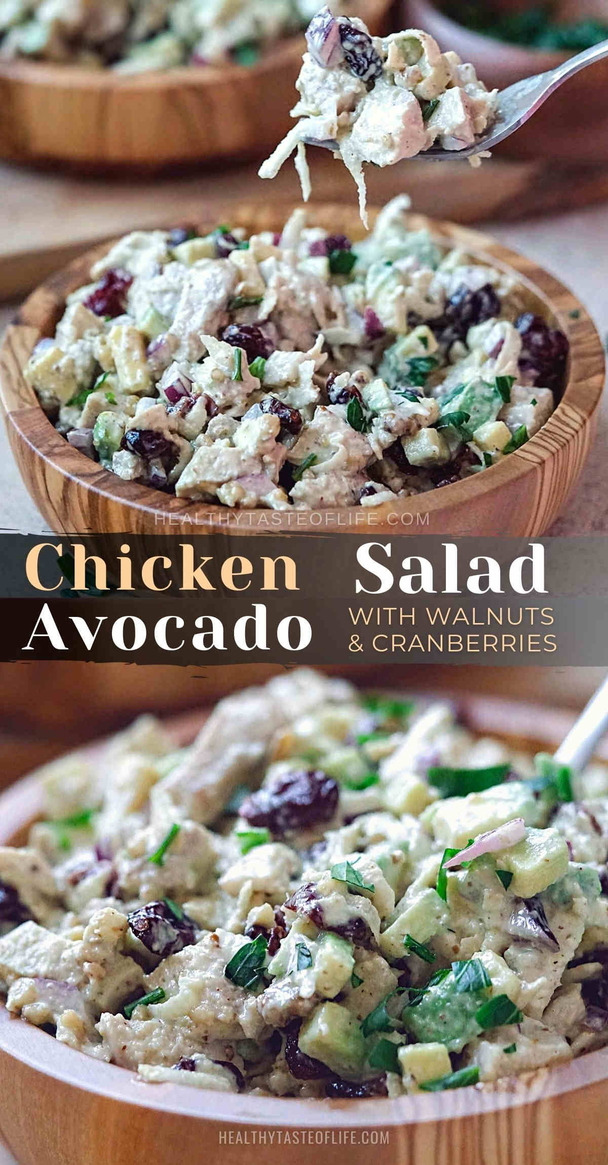Healthy cranberry chicken walnut salad with avocado and celery root recipe. This easy chicken salad uses simple ingredients like cooked chicken breast, avocado, cranberries, walnuts (or pecans) and celery root tossed with creamy mayonnaise or avocado dressing. An easy cranberry walnut chicken salad with avocado that can be made in advance and serves as side dish, lunch, dinner, holiday gatherings and putlocks. #chickensalad #cranberry #walnut #healthy #celery #avocado #pecan #saladrecipe