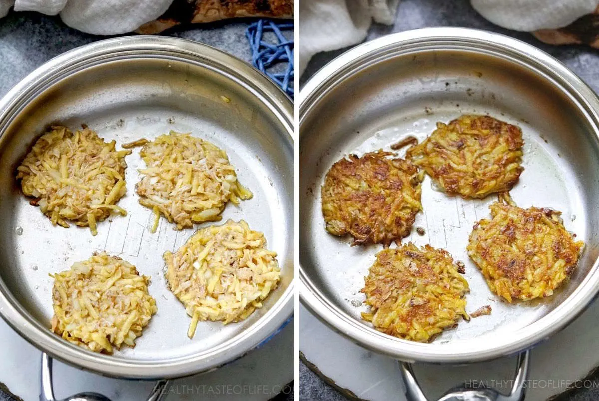 Process shots showing how to make potato fritters with crab, the process of frying.