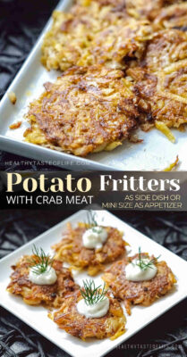 Crispy potato fritters recipe with shredded potatoes and crab meat with soft centers and crispy exterior. Unlike potato pancakes, no flour is needed. These grated potato fritters with crab make a delicious appetizer, finger food or breakfast. You can make big potato fritters as side dish, or snack size for nibbles. Easy healthy potato fritters - gluten free dairy free and paleo friendly. #potatofritters #potatolatkes #potatopancakes #crabfritters #dairyfreeappetizer #glutenfreeappetizer #potato