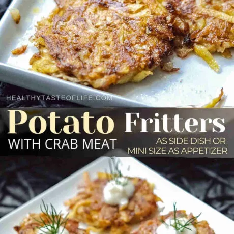 Crispy potato fritters recipe with shredded potatoes and crab meat with soft centers and crispy exterior. Unlike potato pancakes, no flour is needed. These grated potato fritters with crab make a delicious appetizer, finger food or breakfast. You can make big potato fritters as side dish, or snack size for nibbles. Easy healthy potato fritters - gluten free dairy free and paleo friendly. #potatofritters #potatolatkes #potatopancakes #crabfritters #dairyfreeappetizer #glutenfreeappetizer #potato