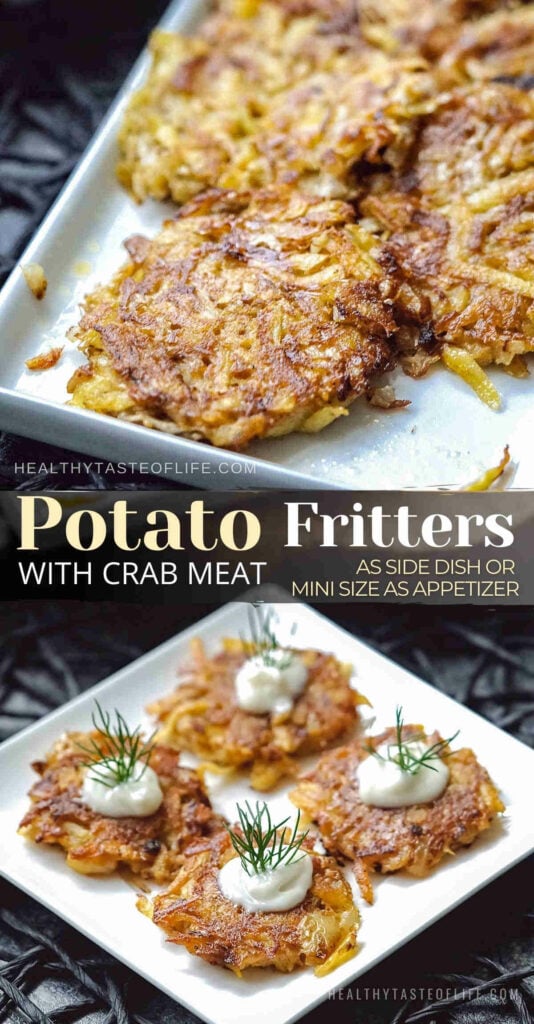 Crispy potato fritters recipe with shredded potatoes and crab meat with soft centers and crispy exterior. Unlike potato pancakes, no flour is needed. These grated potato fritters with crab make a delicious appetizer, finger food or breakfast. You can make big potato fritters as side dish, or snack size for nibbles. Easy healthy potato fritters - gluten free dairy free and paleo friendly. #potatofritters #potatolatkes #potatopancakes #crabfritters #dairyfreeappetizer #glutenfreeappetizer #potato