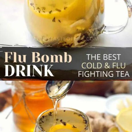 Flu bomb - a lemon honey ginger garlic drink that makes a healthful cold & flu natural remedy that helps boost the immune system during the flu season. Sip this flu bomb tea throughout the day to prevent catching the flu or as a complementary aid for a sore throat if you already got it. The best tea you can make for cold and flu for you and your kids! #flubomb #teaforcold #teaforflu #lemon #ginger #garlic #honey #flutea #coldtea #bestteaforflu #coldandflutea #naturalremedy #immunesystem