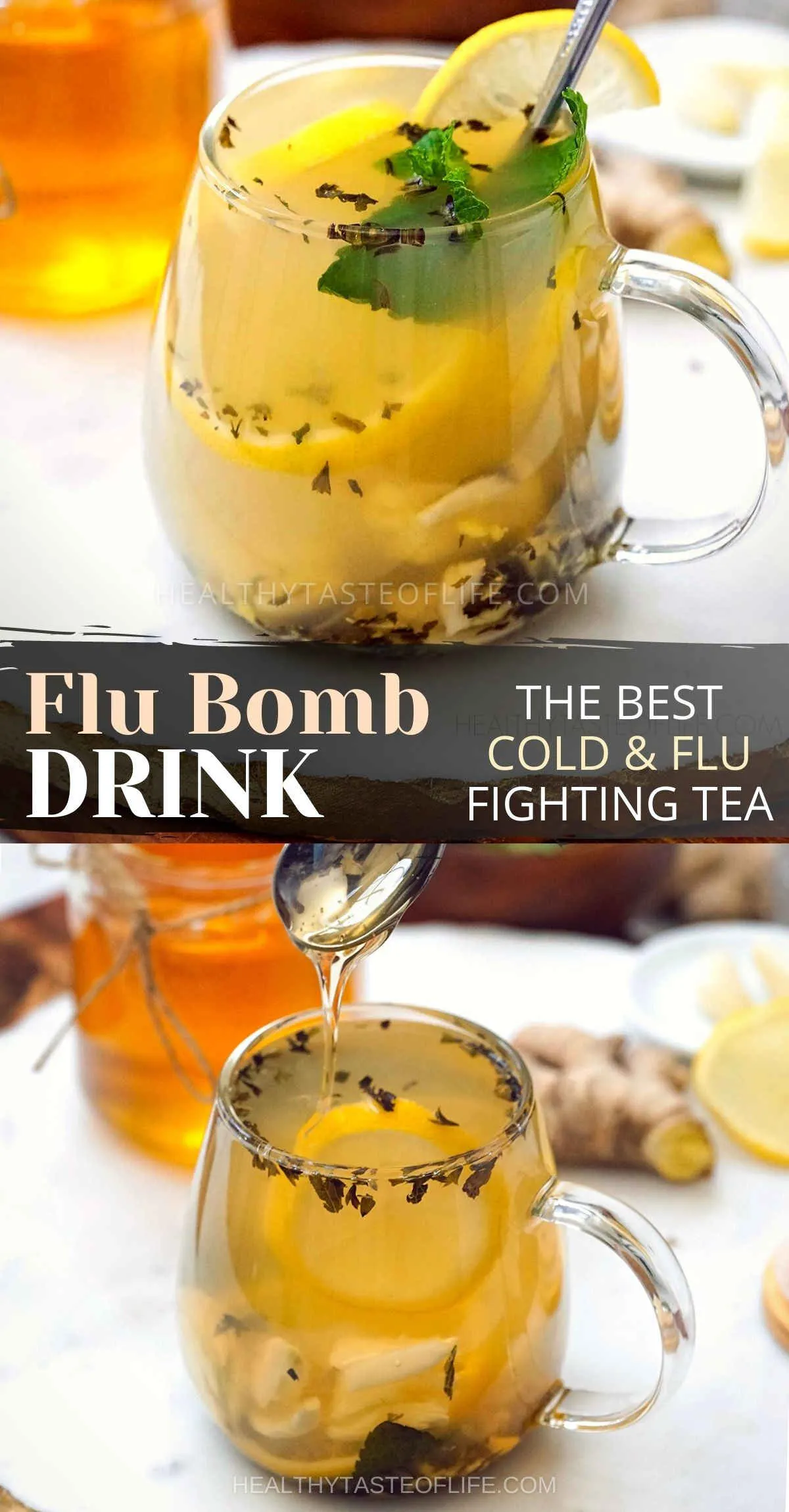 Flu bomb - a lemon honey ginger garlic immune booster drink that makes a healthful cold & flu natural remedy that helps boost the immune system during the flu season. Sip this flu bomb tea to prevent catching the flu or as a complementary aid for a sore throat. The best tea you can make for cold and flu for you and your kids! #flubomb #teaforcold #teaforflu #lemon #ginger #garlic #honey #flutea #coldtea #bestteaforflu #coldandflutea #naturalremedy #immunesystem #immuneboosterdrink