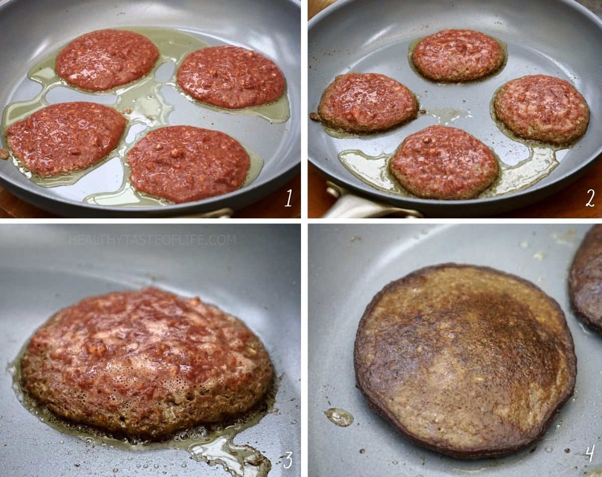 Process shots showing how to cook and fry chicken liver patties in a skillet.