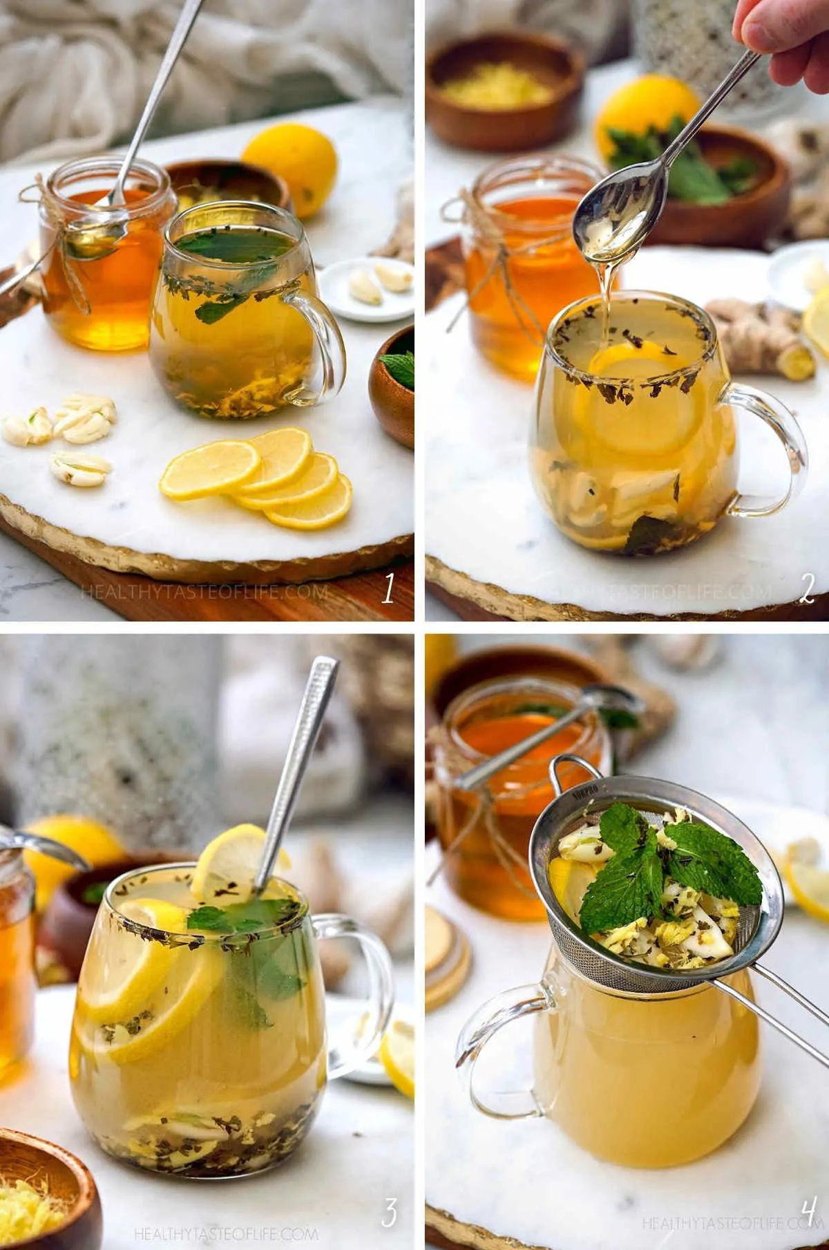 Step by step photos on how to make the flu bomb tea. An immune booster drink for cold and flu with lemon honey ginger garlic and herbs.
