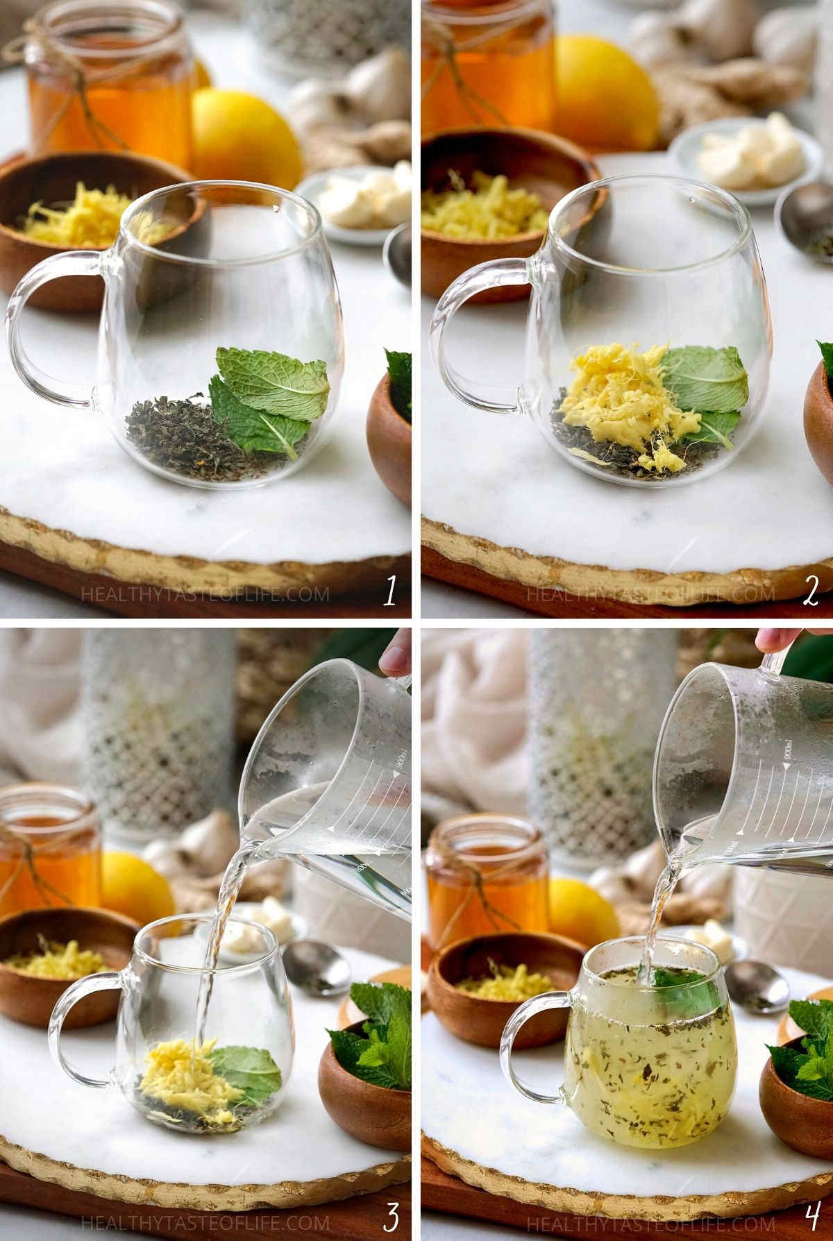 Step by step photos on how to make the flu bomb drink - the immune booster drink or tea for cold and flu by steeping herbs lemon ginger garlic honey.