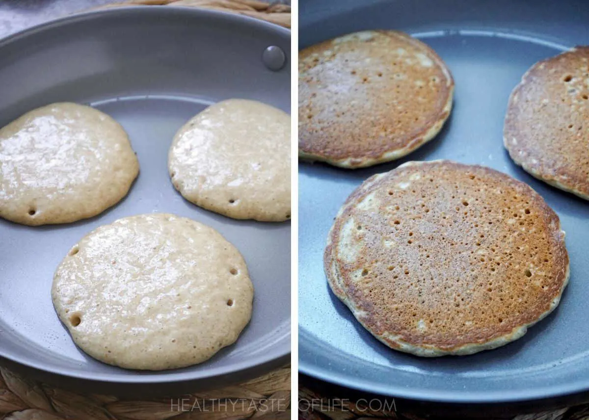 Pancakes frying in the pan - process shots - how to make oat flour pancakes.