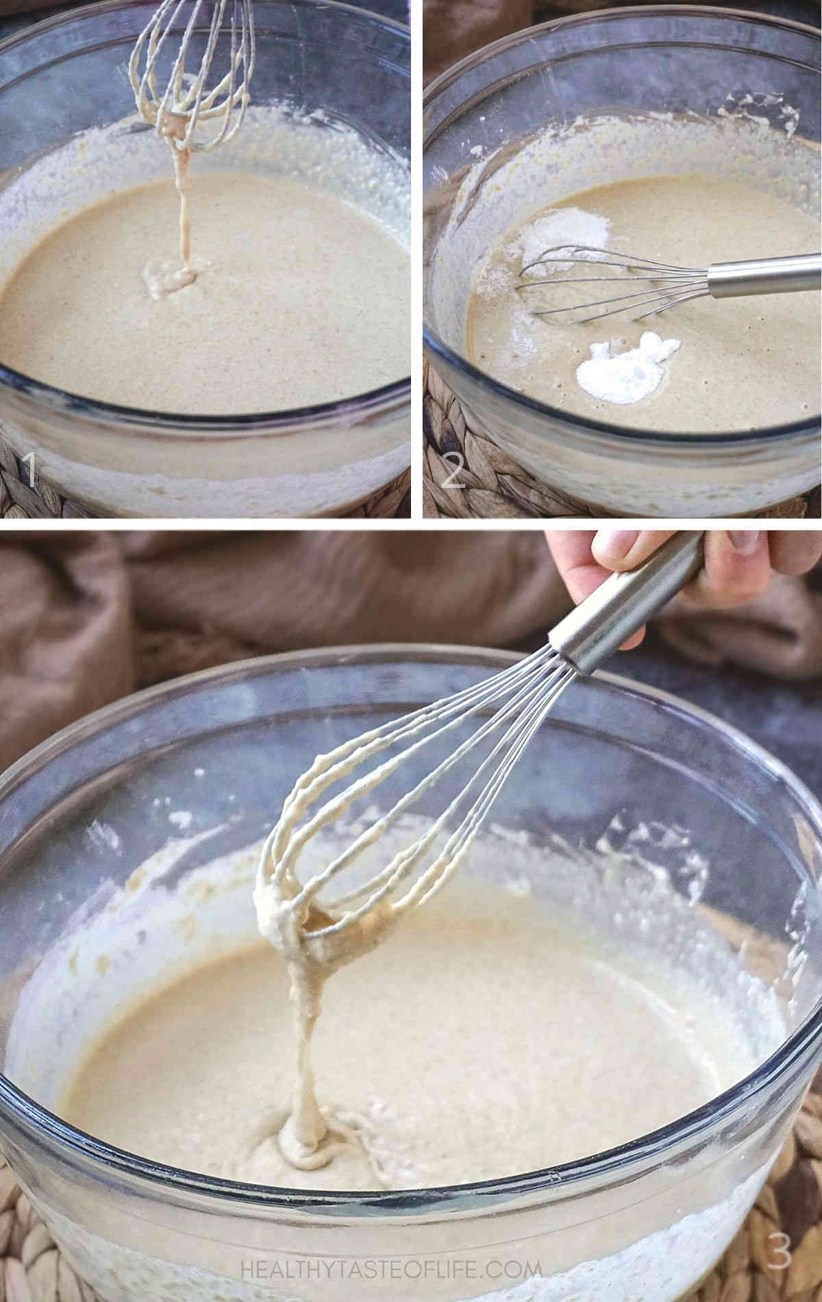 Process shot: mixing oat flour pancake batter showing the consistency.