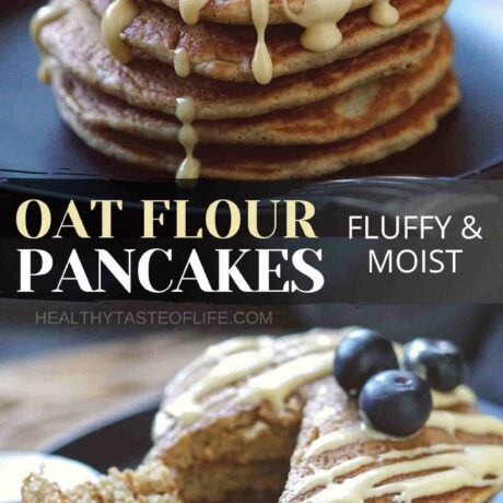 This oat flour pancake recipe yields fluffy & moist pancakes with the perfect balance of sweet and tang. These oat flour pancakes are made with gluten free rolled oats & a dairy free buttermilk alternative that mimics the same texture and acidity. The recipe makes a huge stack of perfect fluffy oatmeal flour pancakes in just under 1 hour. Prfect for a weekend breakfast for adults & kids. #oatflourpancakes #pancakeswithoatflour #glutenfreepancakes #dairyfreepancakes #oatmealpancakes #oatpancakes