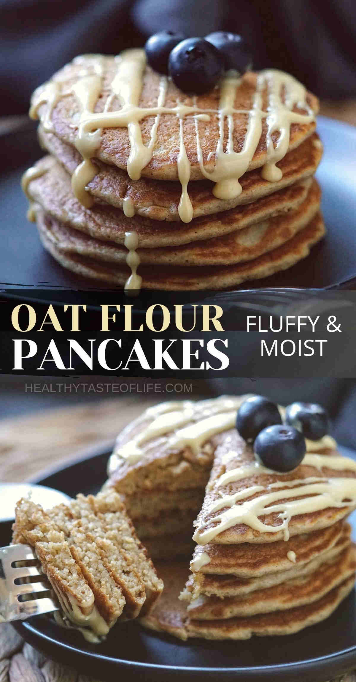 This oat flour pancake recipe yields fluffy & moist pancakes with the perfect balance of sweet and tang. These oat flour pancakes are made with gluten free rolled oats & a dairy free buttermilk alternative that mimics the same texture and acidity. The recipe makes a huge stack of perfect fluffy oatmeal flour pancakes in just under 1 hour. Prfect for a weekend breakfast for adults & kids. #oatflourpancakes #pancakeswithoatflour #glutenfreepancakes #dairyfreepancakes #oatmealpancakes #oatpancakes