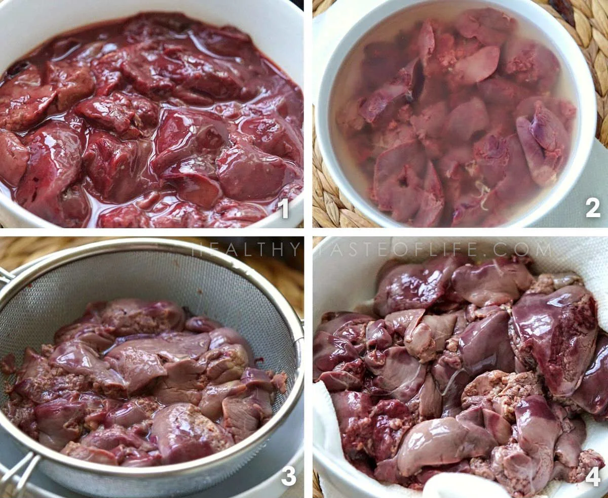 Process shots showing how to prepare chicken livers for liver burgers patties.