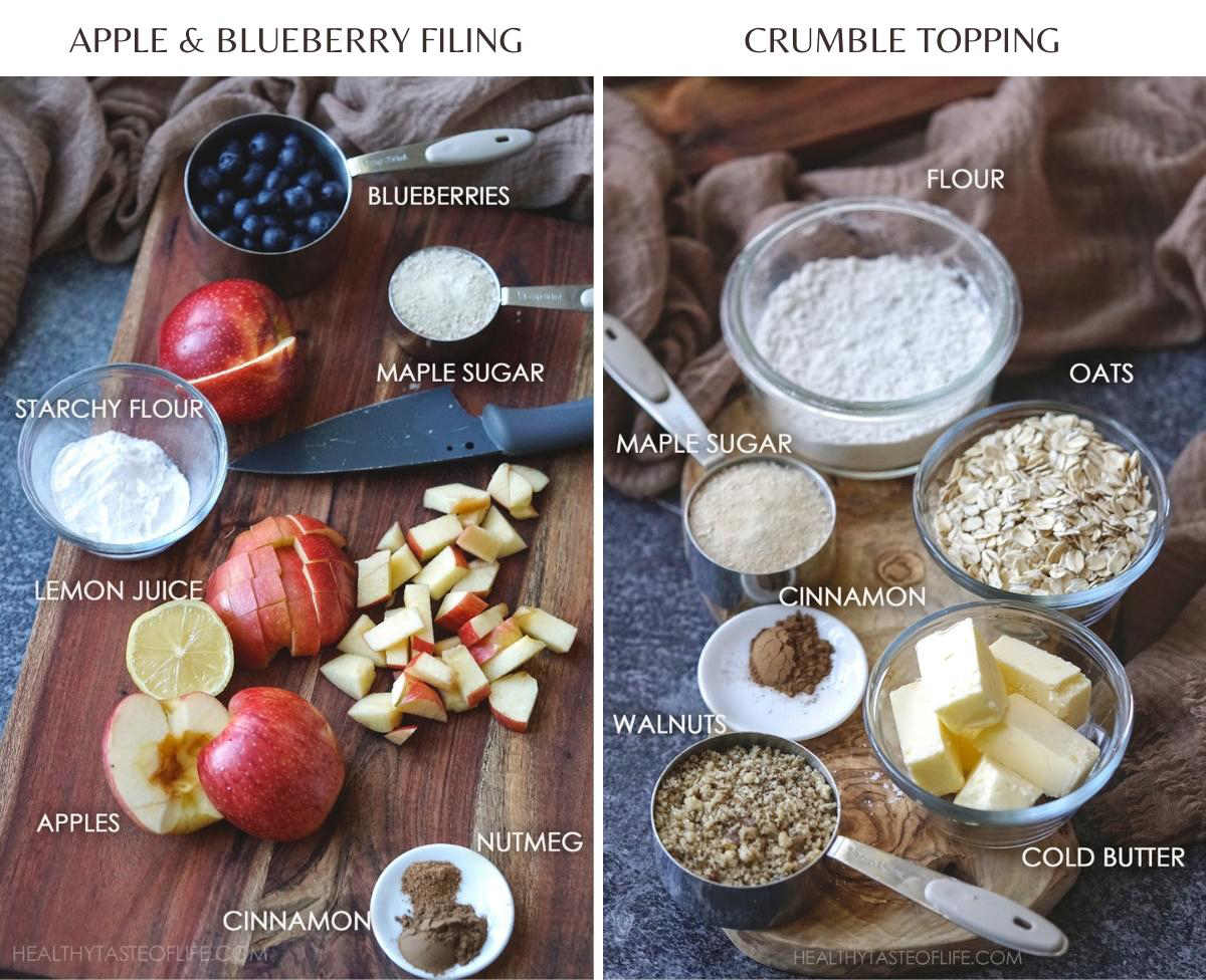 Ingredients placed on the table to make apple blueberry crumble filling and topping.