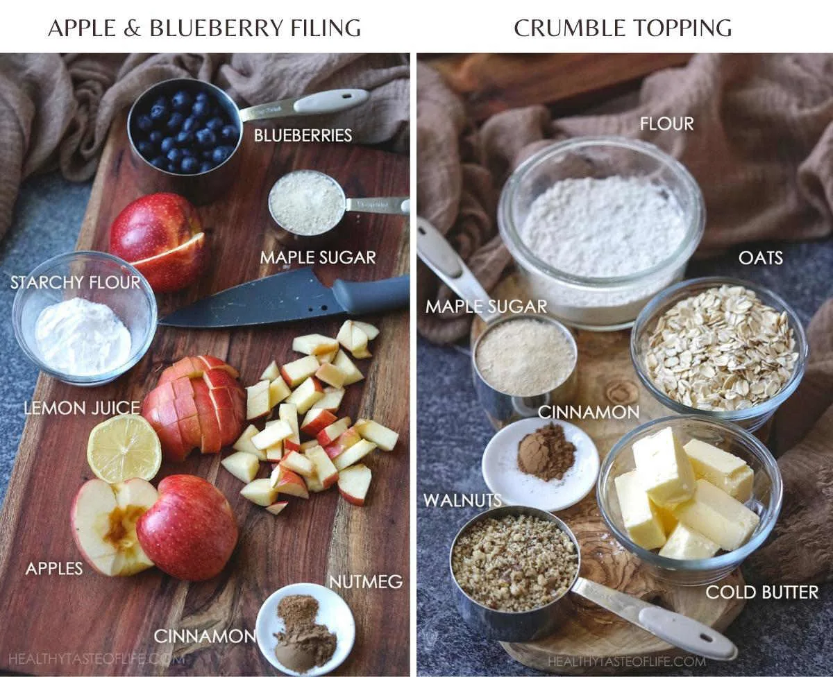 Picture showing the masured  ingredients placed on the table, ready  to make the apple blueberry crumble filling and topping.