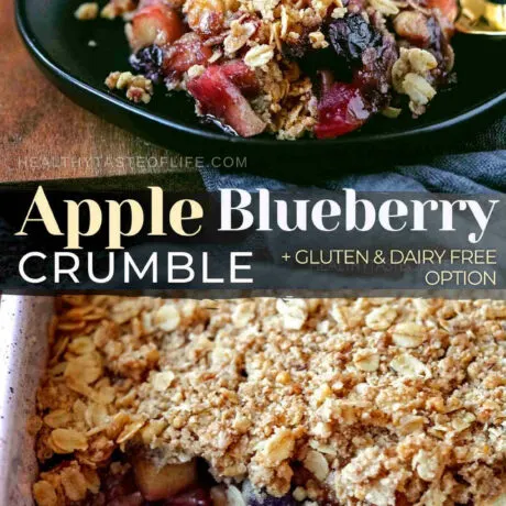 This easy apple and blueberry crumble recipe has baked sweet juicy apples and blueberry filling covered with a crisp oat crumble topping. Call it a crumble or a crisp, this apple blueberry crumble is an easy fall/winter dessert that everybody loves! This blueberry and apple crumble is delicious as is, served warm or with a scoop of ice cream. For healthy apple and blueberry crisp crumble check out the gluten and dairy free versions! #appleblueberrycrumble #appleberrycrumble #appleblueberrycrisp