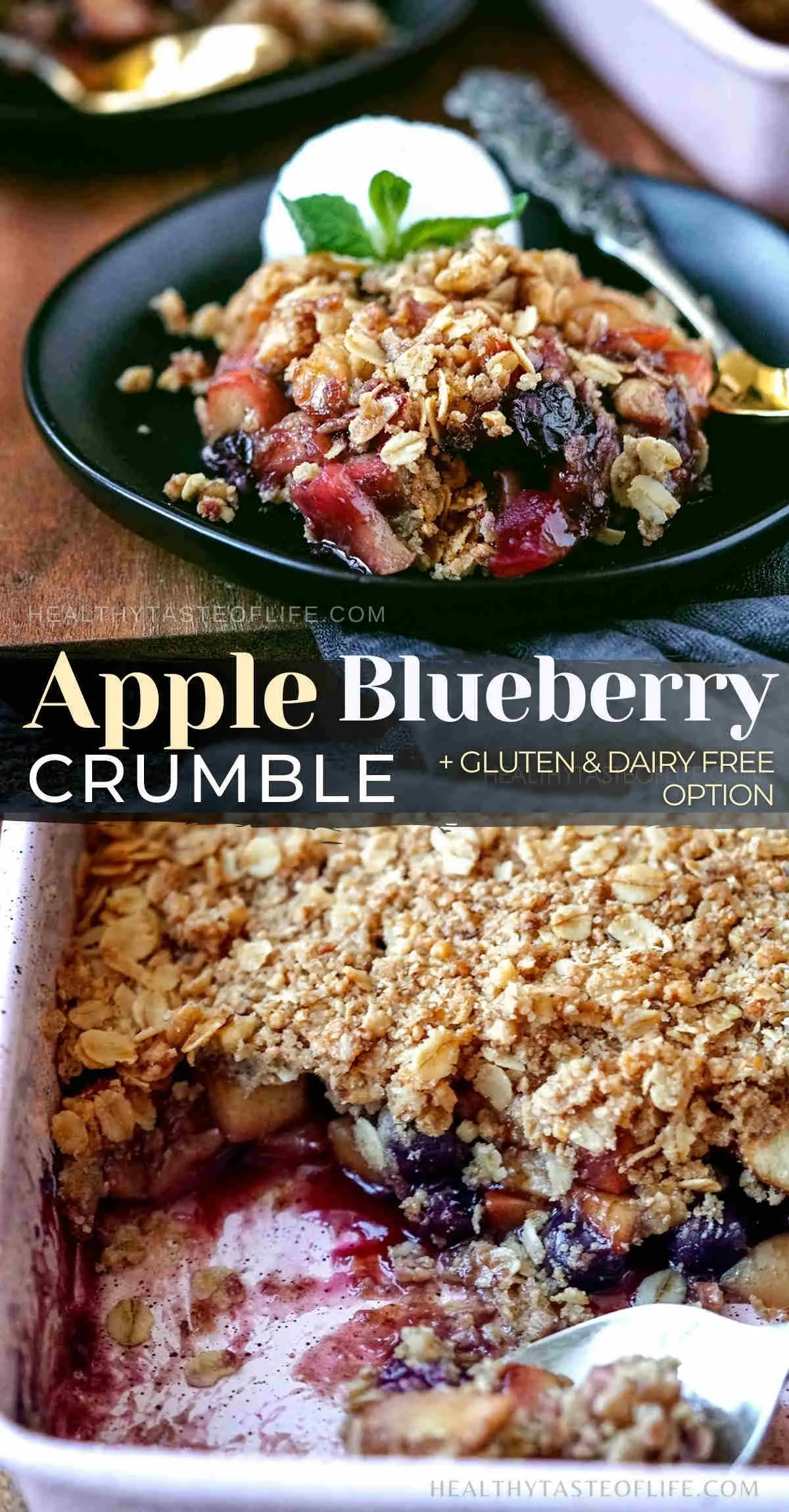 This easy apple and blueberry crumble recipe has baked sweet juicy apples and blueberry filling covered with a crisp oat crumble topping. Call it a crumble or a crisp, this apple blueberry crumble is an easy fall/winter dessert that everybody loves! This blueberry and apple crumble is delicious as is, served warm or with a scoop of ice cream. For healthy apple and blueberry crisp crumble check out the gluten and dairy free versions! #appleblueberrycrumble #appleberrycrumble #appleblueberrycrisp