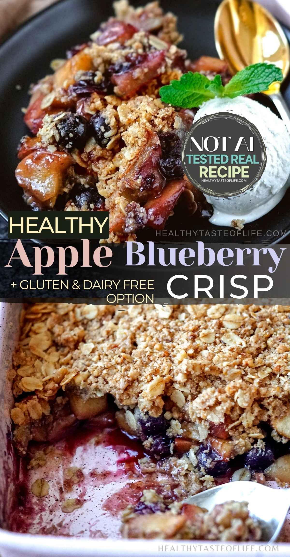 This healthy apple blueberry crisp is made with juicy apples, fresh or frozen blueberries, and a crunchy oat walnut topping. Naturally sweetened with maple sugar and easy to make gluten-free and dairy-free, this simple fruit crisp is perfect for fall, summer berry season, holidays, or an easy healthier dessert. Try this apple blueberry crisp recipe when you want a warm baked fruit dessert with rolled oats, walnuts, cinnamon, and a golden crisp topping.