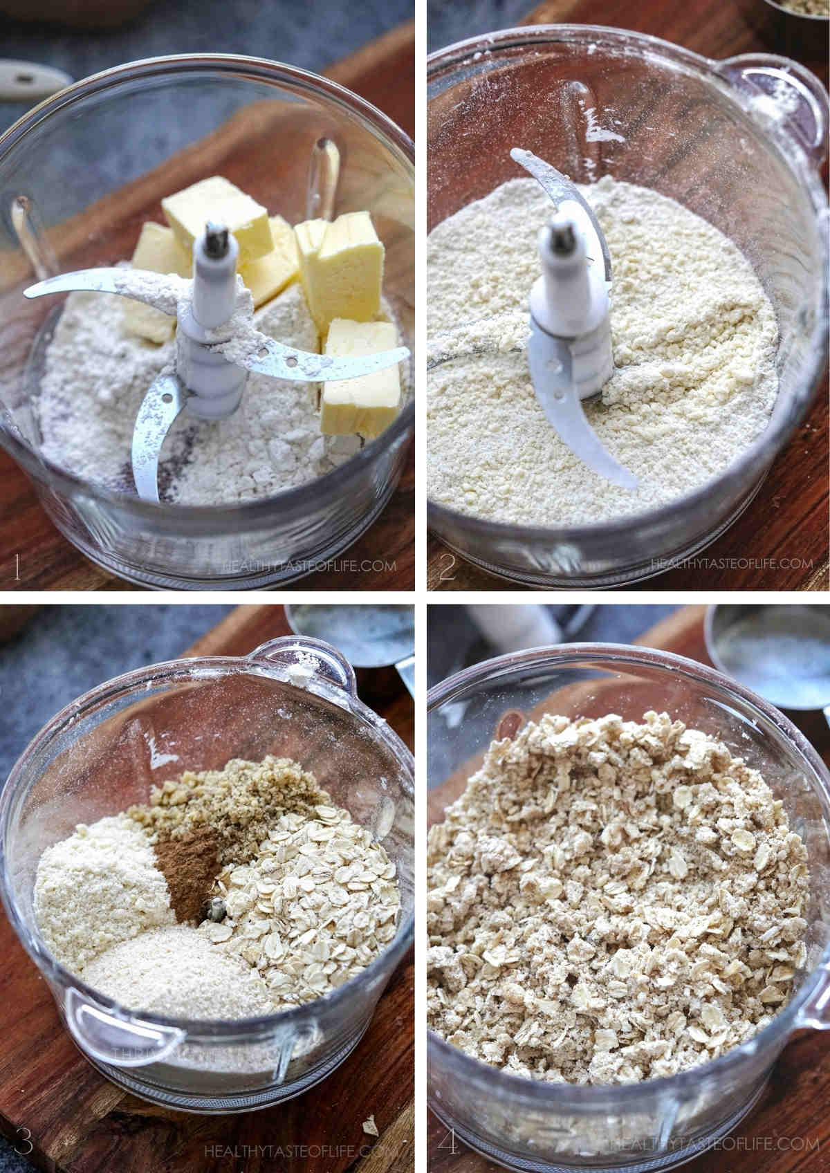 Process shots showing how to make oat crumble topping for strawberries.