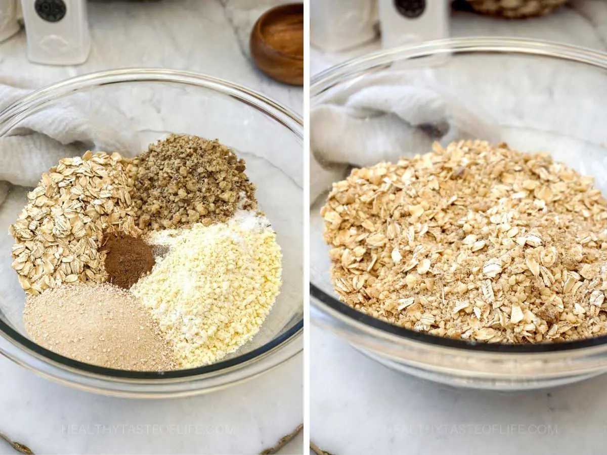 Process shots showing how to mix ingredients for an oat crumble topping.