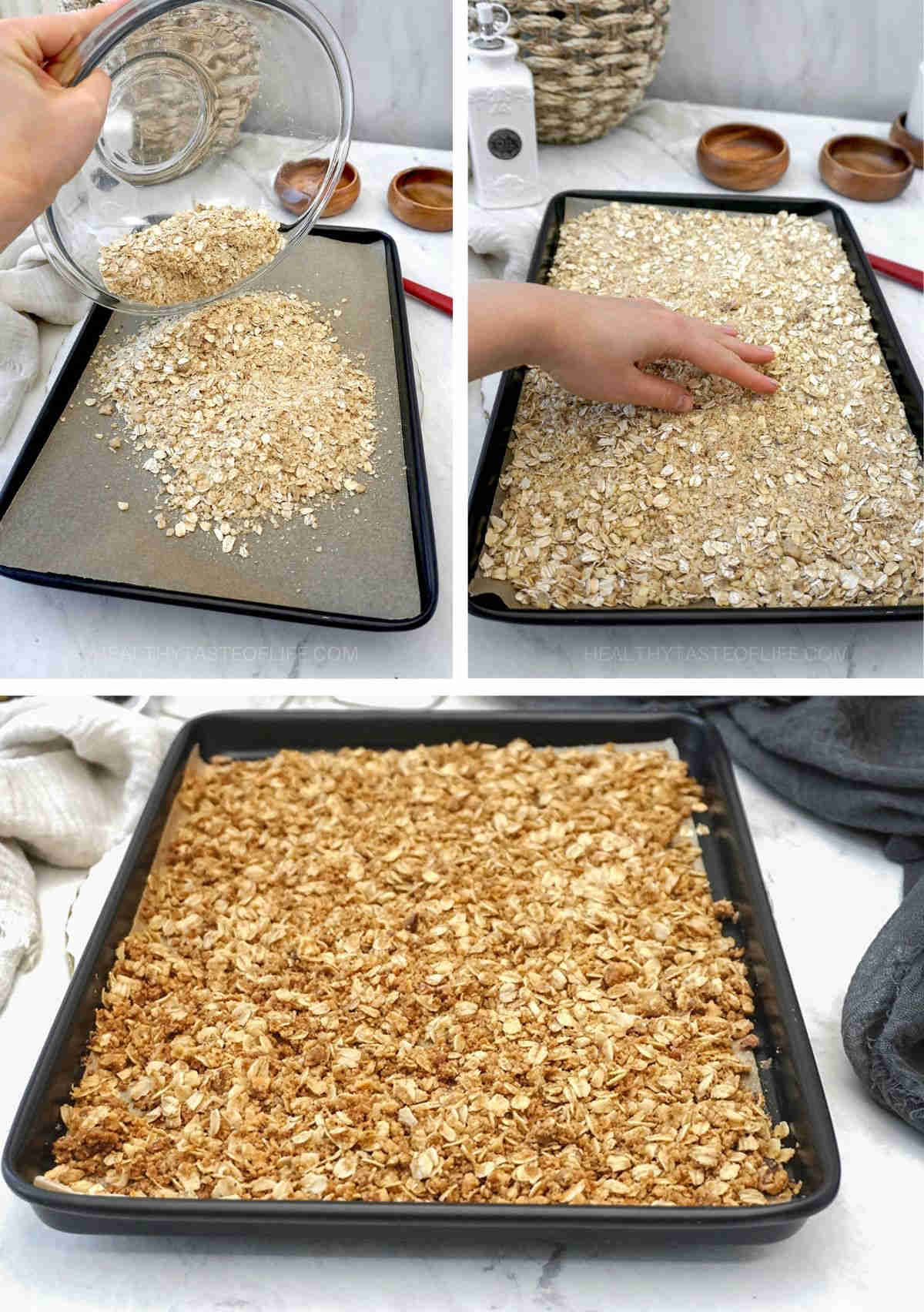 Process shots showing how to make oat topping with crumble and bake it.