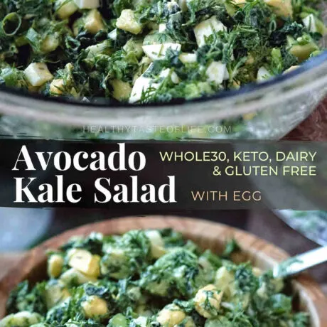 A creamy avocado kale salad: simple, delicious, creamy kale salad with avocado that comes together in just 15 minutes – whole30 and keto friendly. This healthy avocado kale salad recipe features finely chopped massaged kale, avocado, scallions, hard boiled eggs and finished with a lemony dressing. Whenever you’re looking for kale or avocado recipes this simple kale salad with avocado can turn into a favored meal. #kaleavocadosalad #avocadokalesalad #whole30kalesalad #ketokalesalad #kalesalad