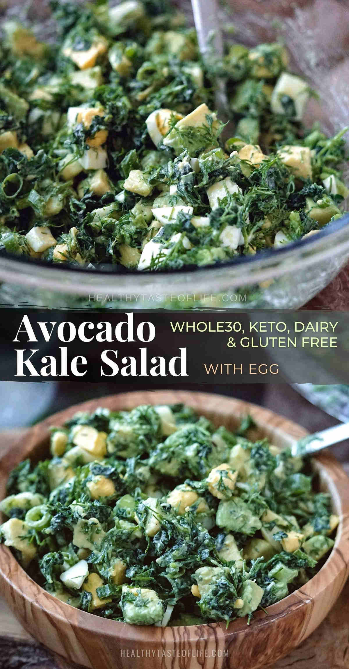 A creamy avocado kale salad: simple, delicious, creamy kale salad with avocado that comes together in just 15 minutes – whole30 and keto friendly. This healthy avocado kale salad recipe features finely chopped massaged kale, avocado, scallions, hard boiled eggs and finished with a lemony dressing. Whenever you’re looking for kale or avocado recipes this simple kale salad with avocado can turn into a favored meal. #kaleavocadosalad #avocadokalesalad #whole30kalesalad #ketokalesalad #kalesalad
