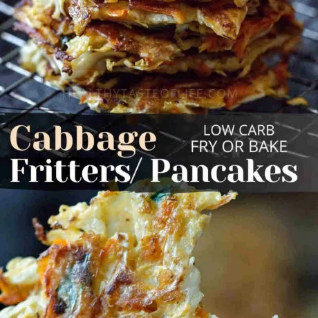 Cabbage fritters, cabbage pancakes or cabbage patties they all have similar ingredients. This cabbage fritter recipe features fresh vegetables battered with egg and a touch of flour, yielding a golden brown top once fried. Flavored with herbs and spices these cabbage fritters can be enjoyed as side dish or appetizer. Serve these vegetable pancakes warm or cold. #cabbagefritters #cabbagepancakes #cabbagepatties #healthy #friedcabbage #cabbageappetizer #Okonomiyaki #vegetablepancakes