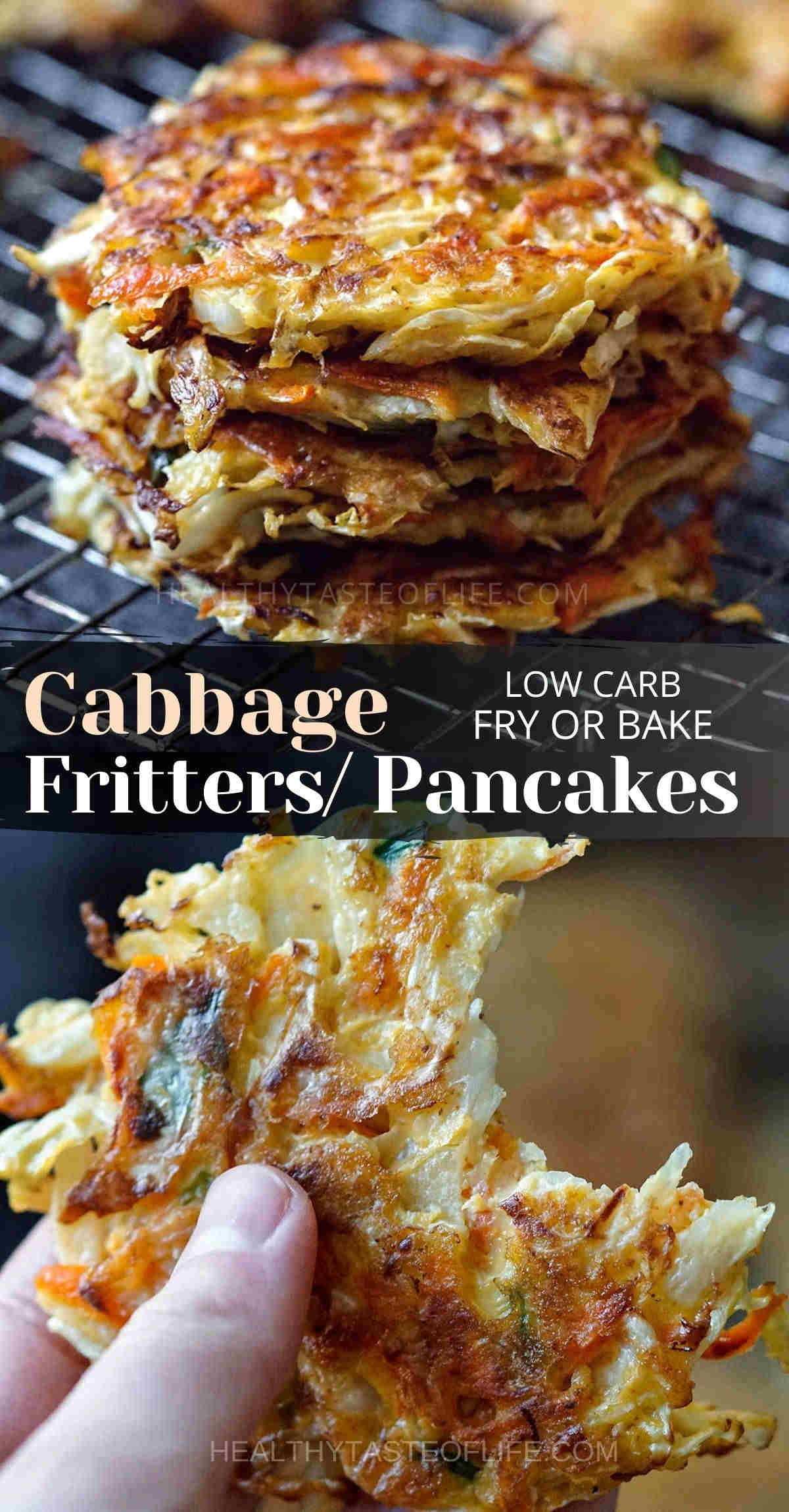 Cabbage fritters, cabbage pancakes or cabbage patties they all have similar ingredients. This cabbage fritter recipe features fresh vegetables battered with egg and a touch of flour, yielding a golden brown top once fried. Flavored with herbs and spices these cabbage fritters can be enjoyed as side dish or appetizer. Serve these vegetable pancakes warm or cold. #cabbagefritters #cabbagepancakes #cabbagepatties #healthy #friedcabbage #cabbageappetizer #Okonomiyaki #vegetablepancakes