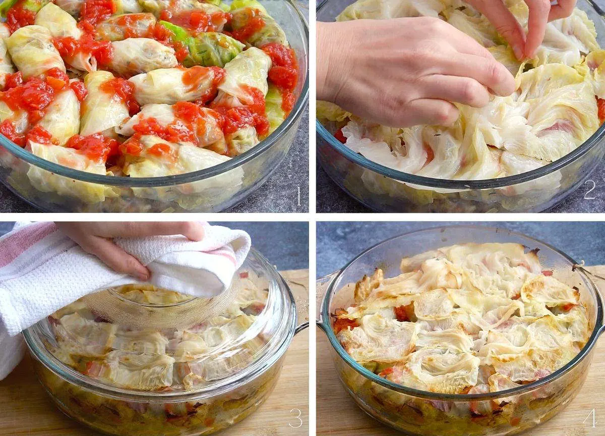 Process shots showing how to cook cabbage rolls in oven.