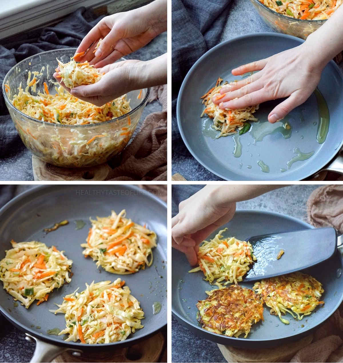Process shots showing how to fry cabbage fritters, cabbage pancakes or cabbage patties.