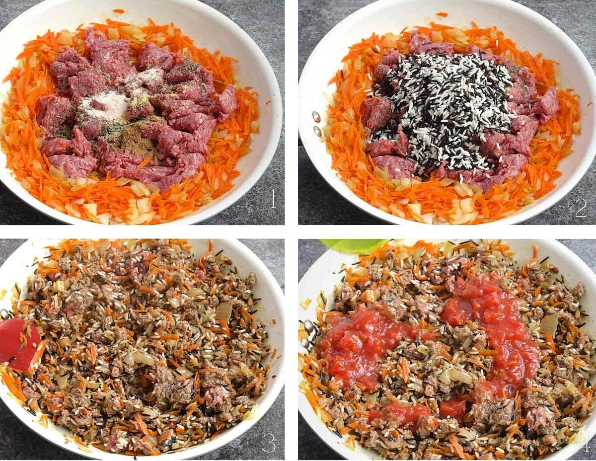 Process shots showing how to prepare a healthier stuffing for cabbage rolls or rolled cabbage recipe.