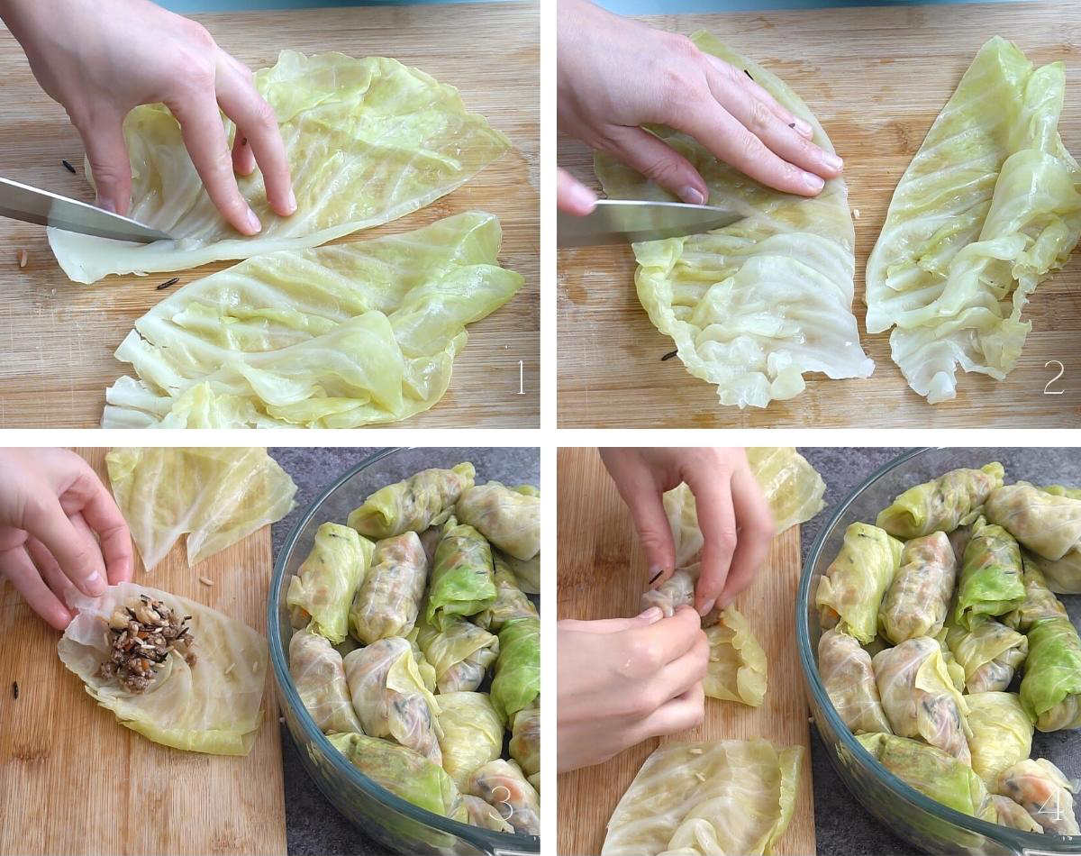 Process shots showing how to roll cabbage: rolling stuffed cabbage with hands.