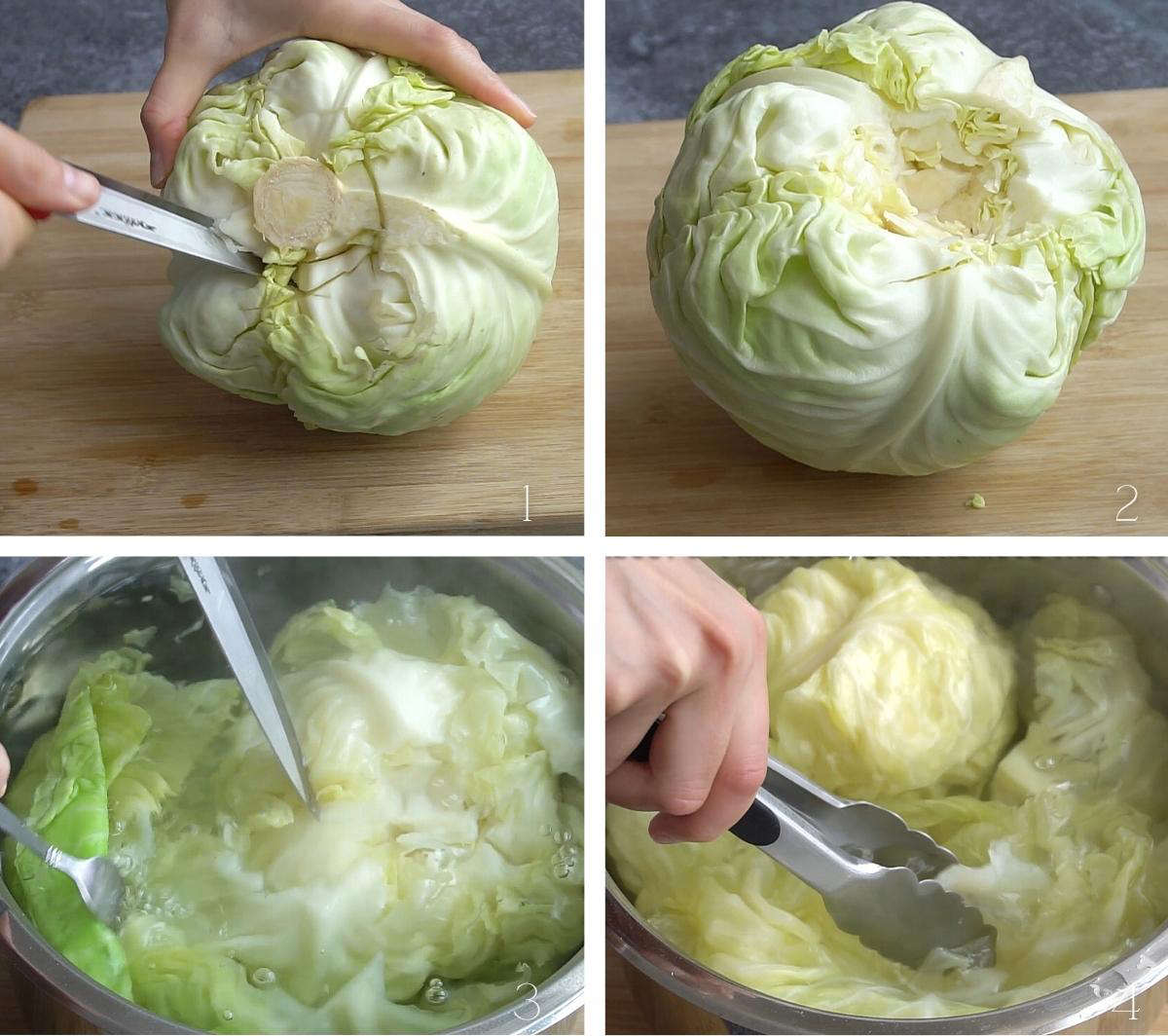Process shots showing how to prepare cabbage for cabbage rolls by softening cabbage leaves in boiling water.