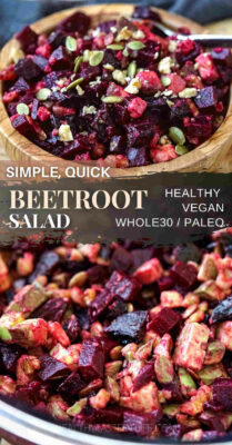 This simple beetroot salad recipe features red beets, crunchy walnuts & pumpkin seeds, avocado and sweet prunes - all tossed with freshly squeezed lemon juice and salt. Have this easy simple beet salad adapted from Russian beet salad as a healthy lunch or dinner side dish. Among all beetroot salad recipes this cold vegan beet salad with walnuts, avocado and prunes is probably the most easy beet salad to make #simplebeetsalad #veganbeetsalad #beetsalad #beetrootsalad #coldbeetsalad #easybeetsalad