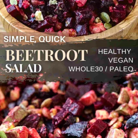 This simple beetroot salad recipe features red beets, crunchy walnuts & pumpkin seeds, avocado and sweet prunes - all tossed with freshly squeezed lemon juice and salt. Have this easy simple beet salad adapted from Russian beet salad as a healthy lunch or dinner side dish. Among all beetroot salad recipes this cold vegan beet salad with walnuts, avocado and prunes is probably the most easy beet salad to make #simplebeetsalad #veganbeetsalad #beetsalad #beetrootsalad #coldbeetsalad #easybeetsalad