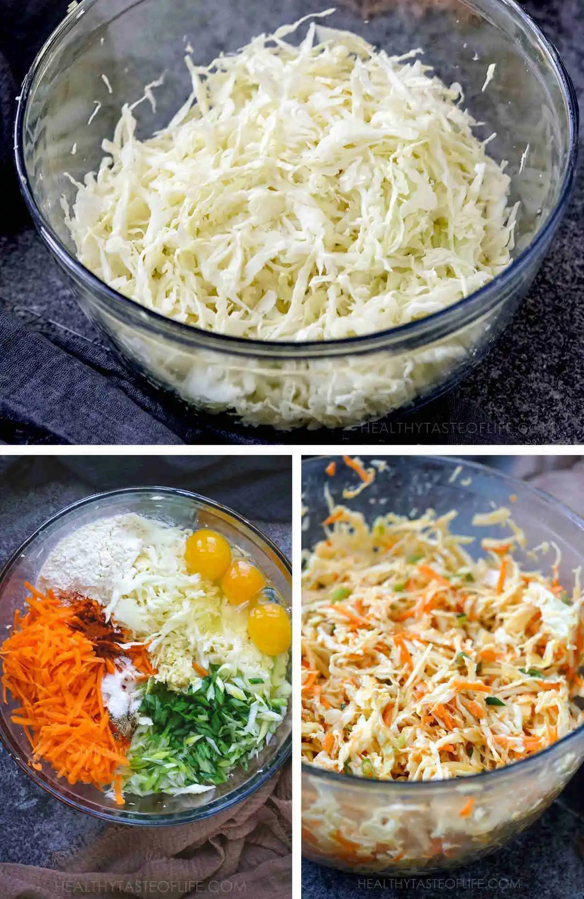Step by step photos showing how to make cabbage fritters, shredded cabbage and the rest of ingredients added to the bowl and mixed