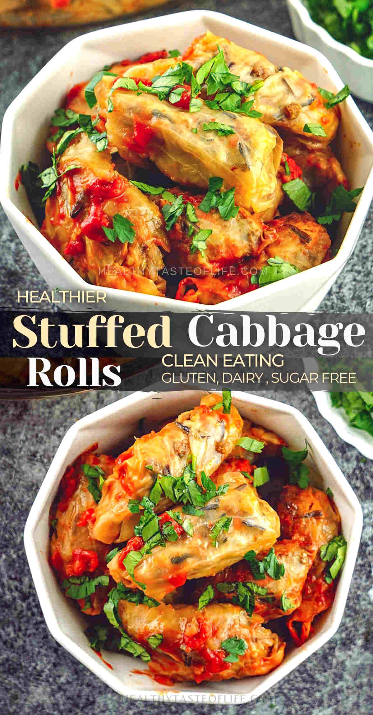 This recipe for cabbage rolls uses cabbage leaves stuffed with ground beef, wild rice, long grain rice and vegetables, all cooked in a tomato sauce with aromatic spices and herbs. 
Whether you call these cabbage wraps - sarmale or golubtsi they all consist of cooked cabbage leaves wrapped around fillings. You can tweak the cabbage roll recipe to be healthier. The cabbage rolls keep well in the fridge for days. #cabbagerolls #stuffedcabbage #healthyrecipes #rolledcabbage #stuffedcabbagerolls